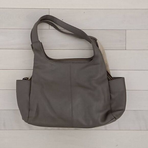 Perlina New York Womens Snake Pattern Embossed Leather Shoulder Bag Gray & Cream - Picture 2 of 7